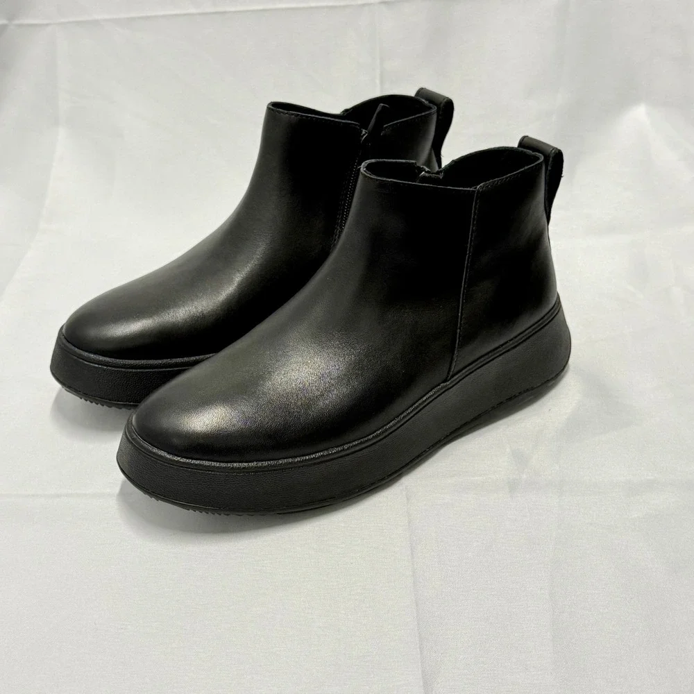 FitFlop F-Mode Leather Platform Zip Ankle Boots Black Womens 8 Grunge Goth Fall